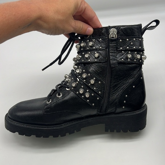 Zara - Black Leather Bejeweled Criss Cross Lace Up Biker Ankle Boot Size 6 - Picture 6 of 14